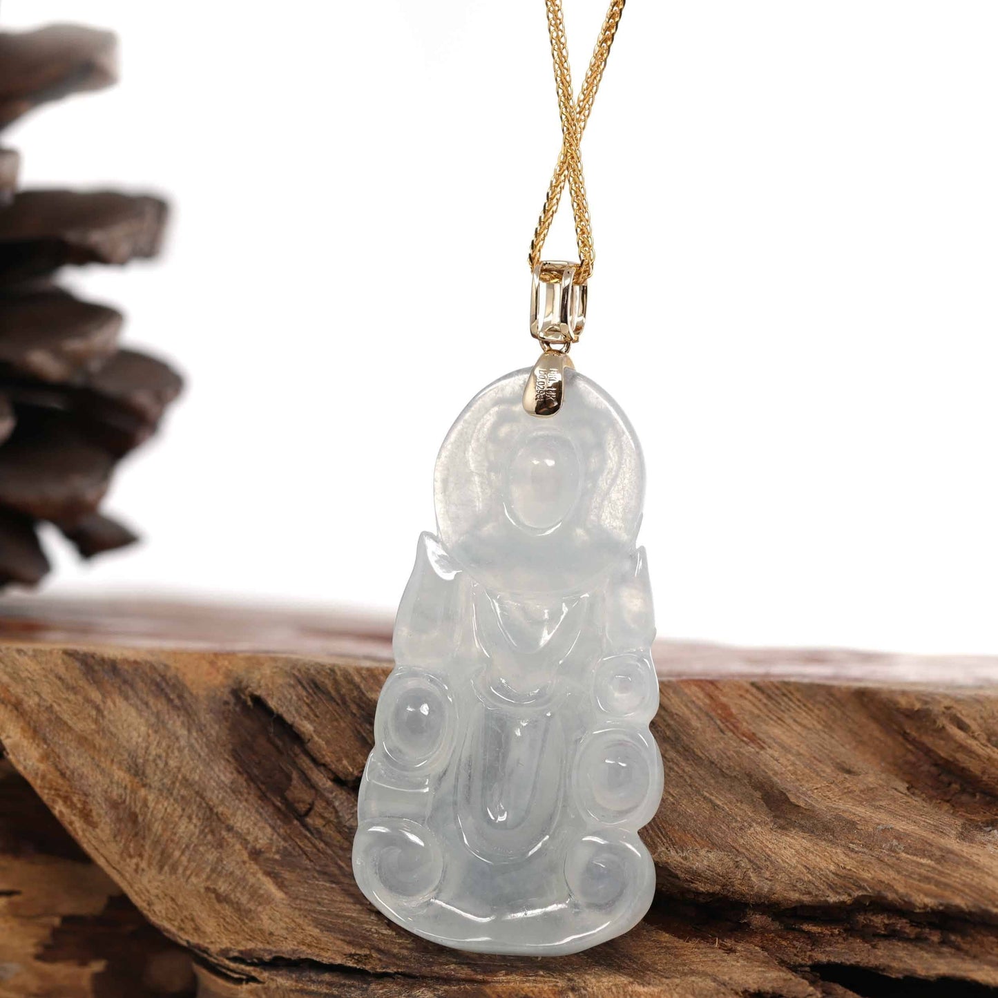 Load image into Gallery viewer, RealJade® 14k White Gold &amp;quot;Goddess of Compassion&amp;quot; Genuine Ice Burmese Jadeite Jade Guanyin Necklace With Gold VS1 Diamond Bail
