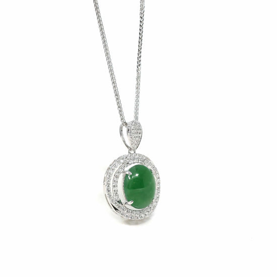 RealJade¨ Co. 18k Gold Jadeite Necklace 18K White Gold Oval Imperial Jadeite Jade Cabochon Necklace with Diamonds