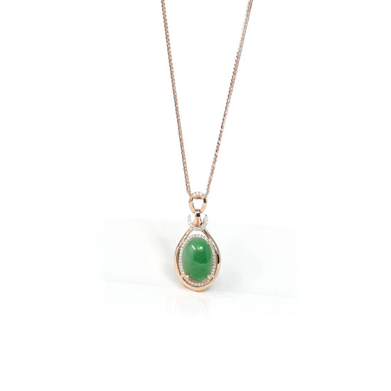 RealJade Co.¨ 18k Gold Jadeite Necklace Copy of 18K Rose Gold Oval Imperial Jadeite Jade Cabochon Necklace with Diamonds