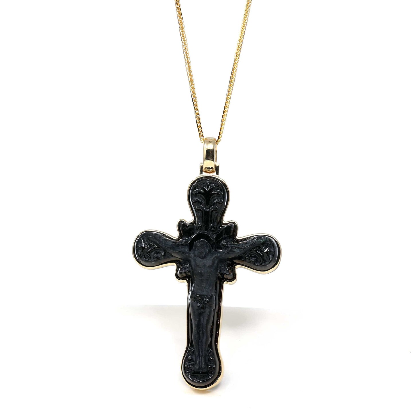 Load image into Gallery viewer, RealJade Co.¨ 24K Pure Yellow Gold Pendant Copy of 14K Yellow Gold &amp;amp; Black Nephrite Jade Crucifix Pendant
