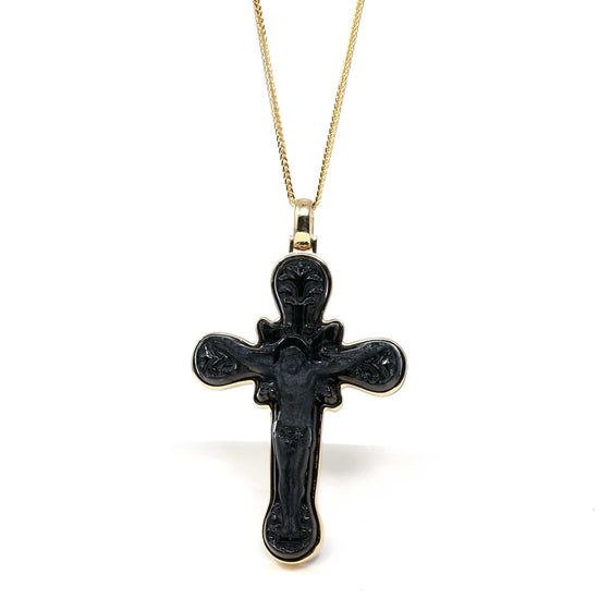 Load image into Gallery viewer, RealJade Co.¨ 24K Pure Yellow Gold Pendant Copy of 14K Yellow Gold &amp;amp; Black Nephrite Jade Crucifix Pendant

