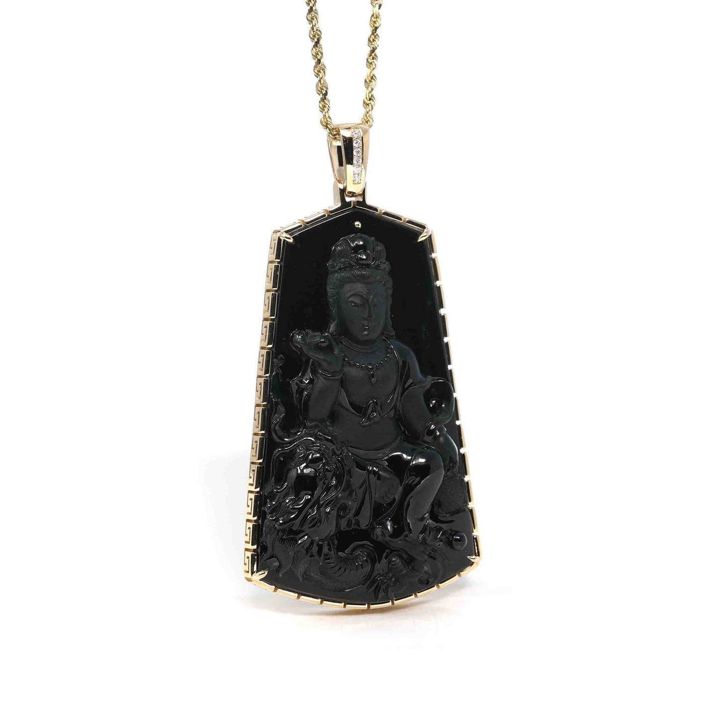 RealJade Co.¨ 14k Yellow Gold "Goddess of Compassion" Genuine Black Burmese Jadeite Jade Guanyin Necklace With Gold Bail