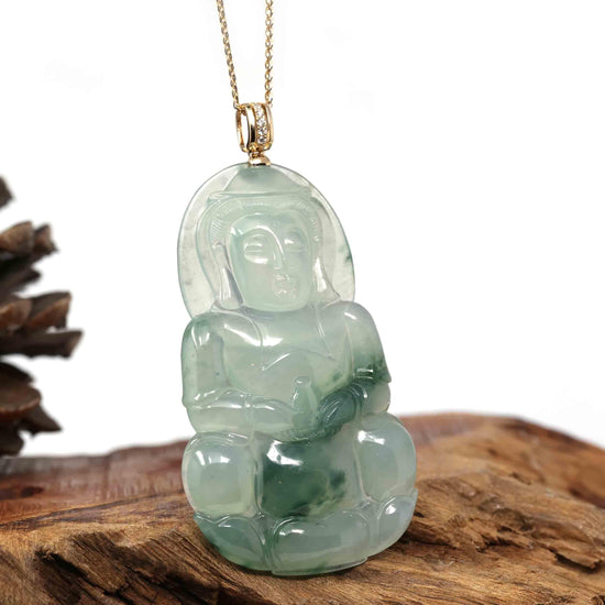 RealJade Co.¨ Jade Guanyin Pendant Necklace Copy of RealJade Co.¨ 14k Yellow Gold "Goddess of Compassion" Genuine Ice Burmese Jadeite Jade Guanyin Necklace With Gold Bail