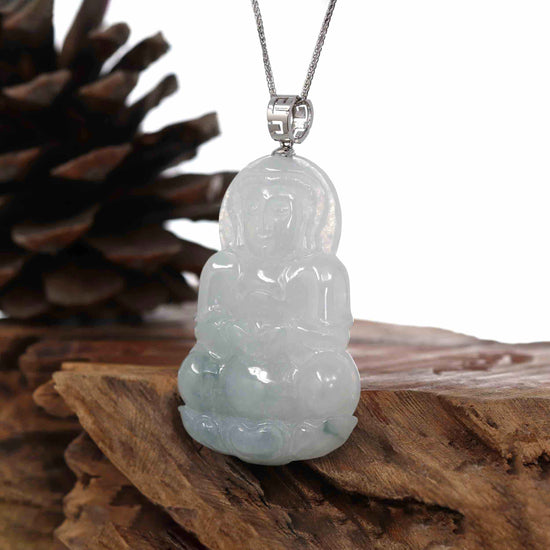 Load image into Gallery viewer, RealJade¨ &amp;quot;Goddess of Compassion&amp;quot; Genuine Burmese Ice Blue Jadeite Jade Guanyin Necklace With Good Luck Design 14K Gold  Bail
