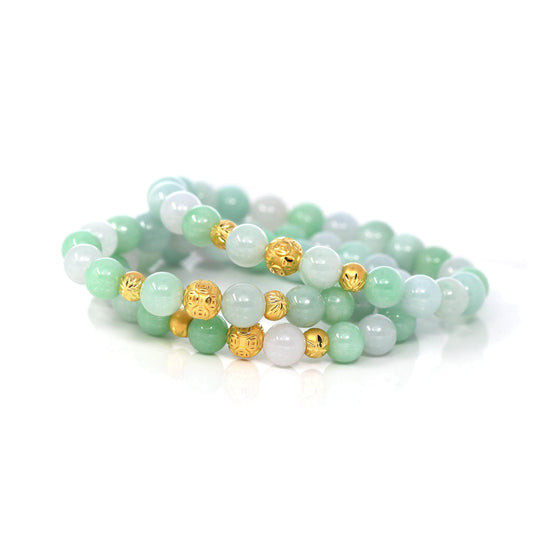 24K Pure Yellow Gold Money Beads With Genuine Green Jade Round Beads Bracelet ( 9 mm )