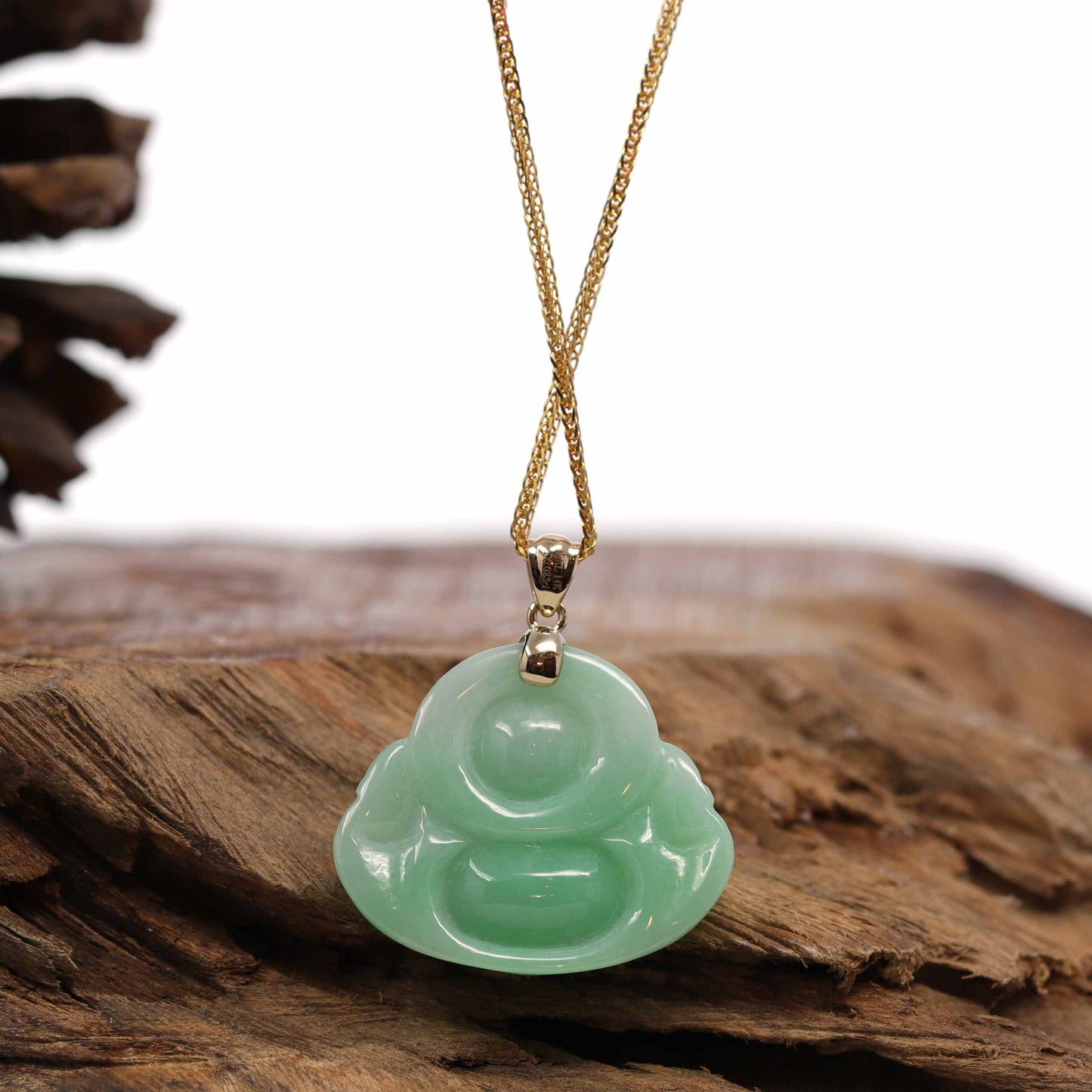 Load image into Gallery viewer, RealJade¨ Co. &amp;quot;Laughing Buddha&amp;quot; Genuine Vibrant Green Jadeite Buddha Pendant Necklace With 14k Yellow Gold Diamond  Bail
