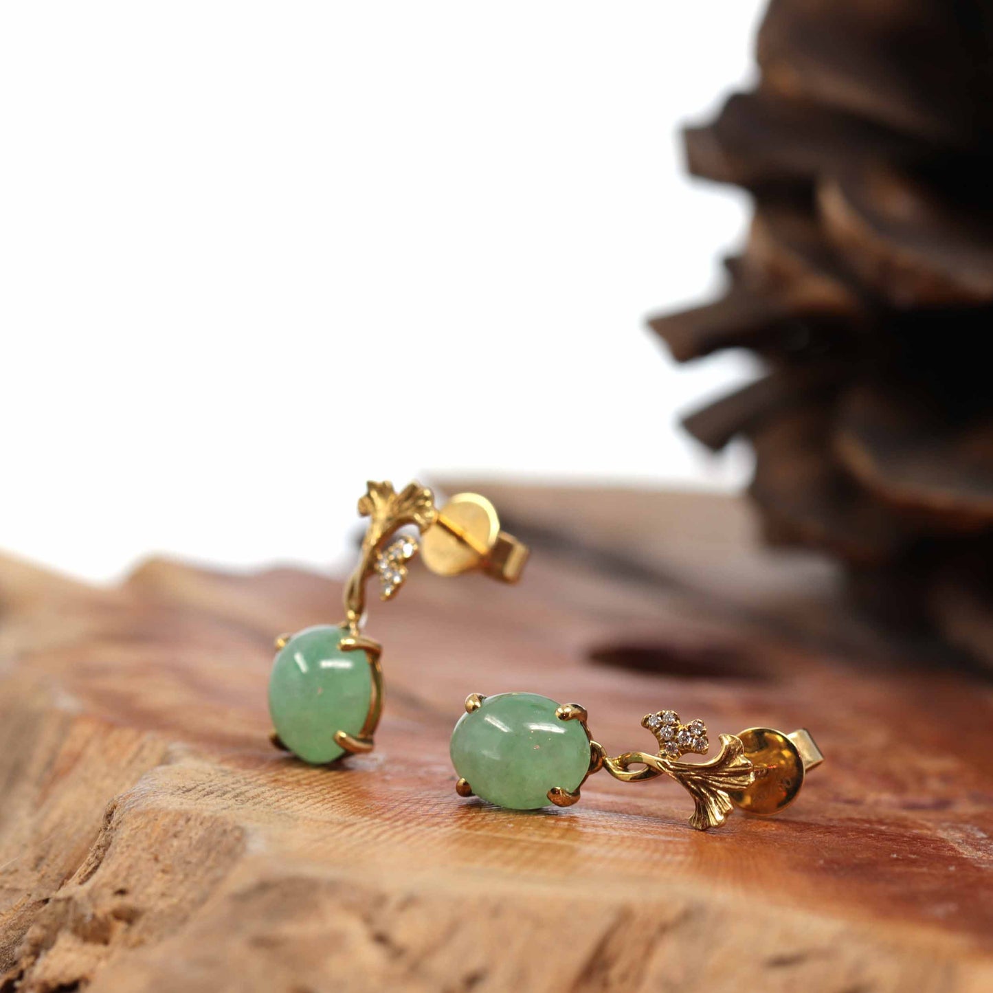 18K Rose Gold "Apricot Blossom" Green Jadeite Jade Dangle Stud Earrings