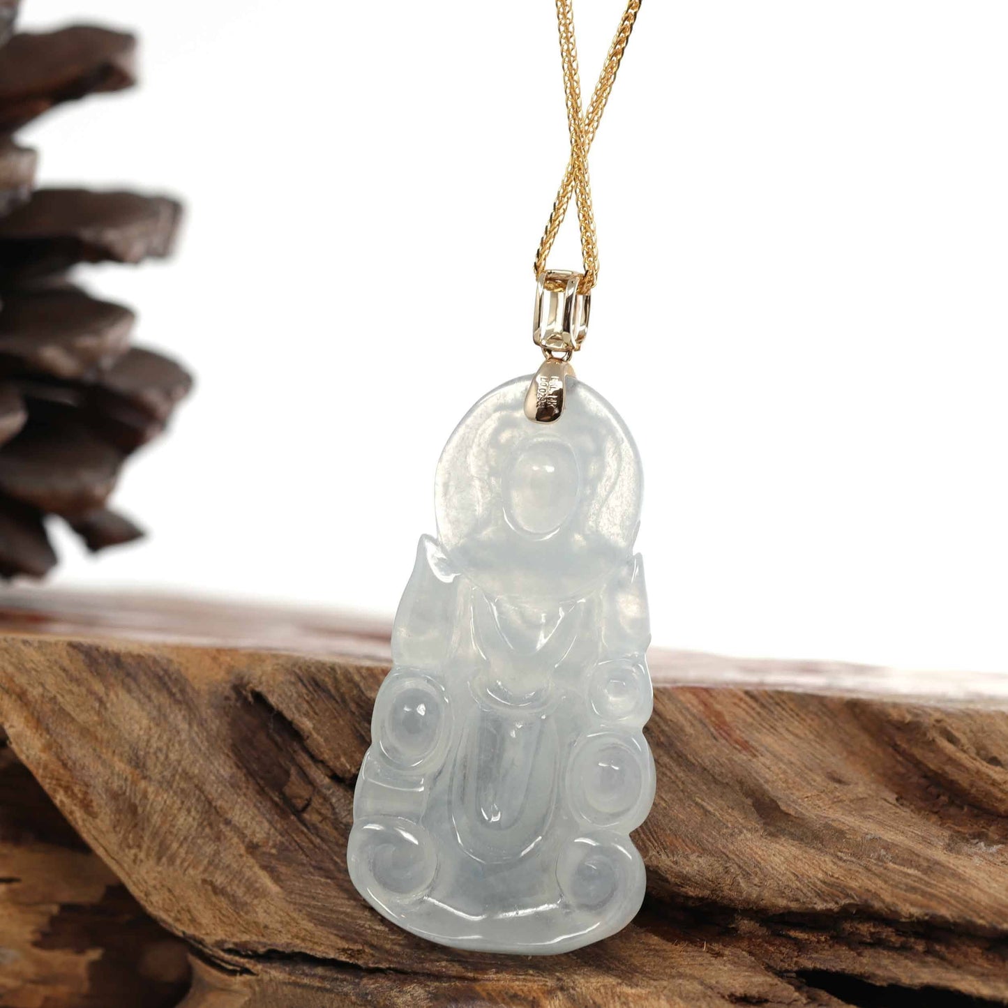 Load image into Gallery viewer, RealJade® 14k White Gold &amp;quot;Goddess of Compassion&amp;quot; Genuine Ice Burmese Jadeite Jade Guanyin Necklace With Gold VS1 Diamond Bail
