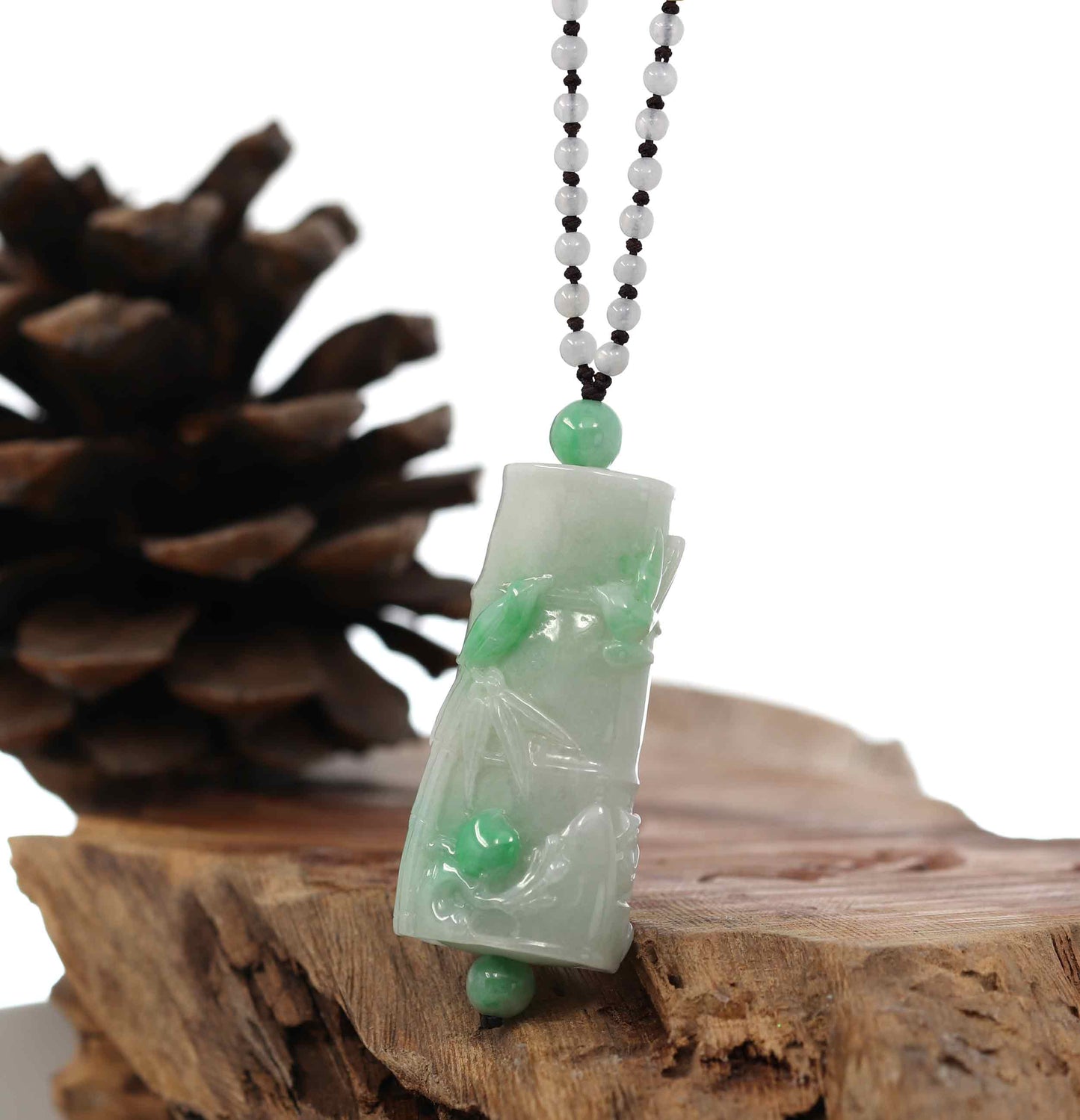 Genuine White & Green Jadeite Jade "Good Luck Bamboo" Pendant Necklace With Real Jadeite Bead Necklace