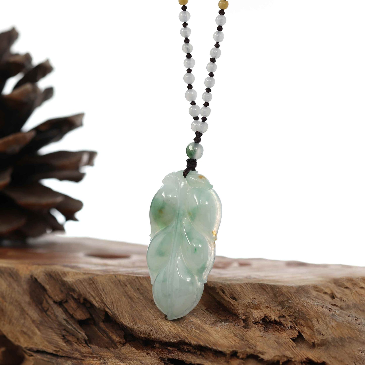 Load image into Gallery viewer, Genuine Ice Blue-Green Jadeite Jade &amp;quot;Good Fortune Leaf&amp;quot; Pendant Necklace With Real Jadeite Bead Necklace
