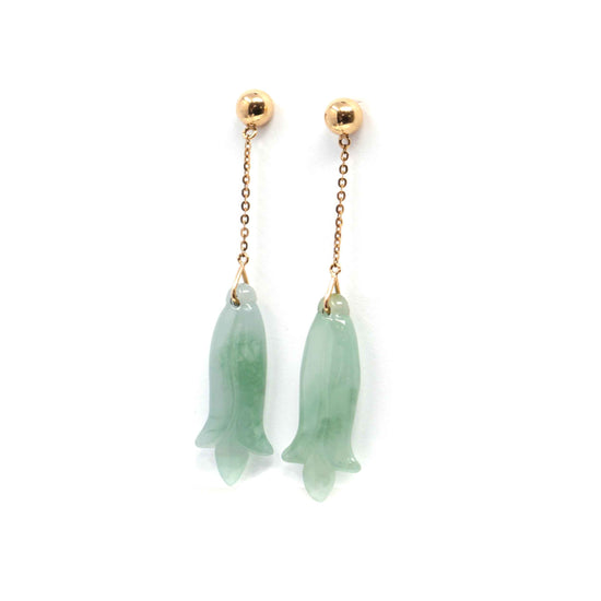 Load image into Gallery viewer, 18K Rose Gold &amp;quot;Magnolia Flower&amp;quot; Green Jadeite Jade Dangle Stud Earrings
