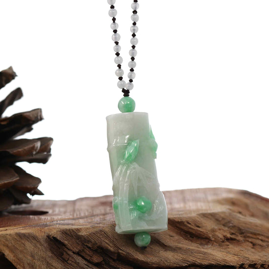 Genuine White & Green Jadeite Jade "Good Luck Bamboo" Pendant Necklace With Real Jadeite Bead Necklace