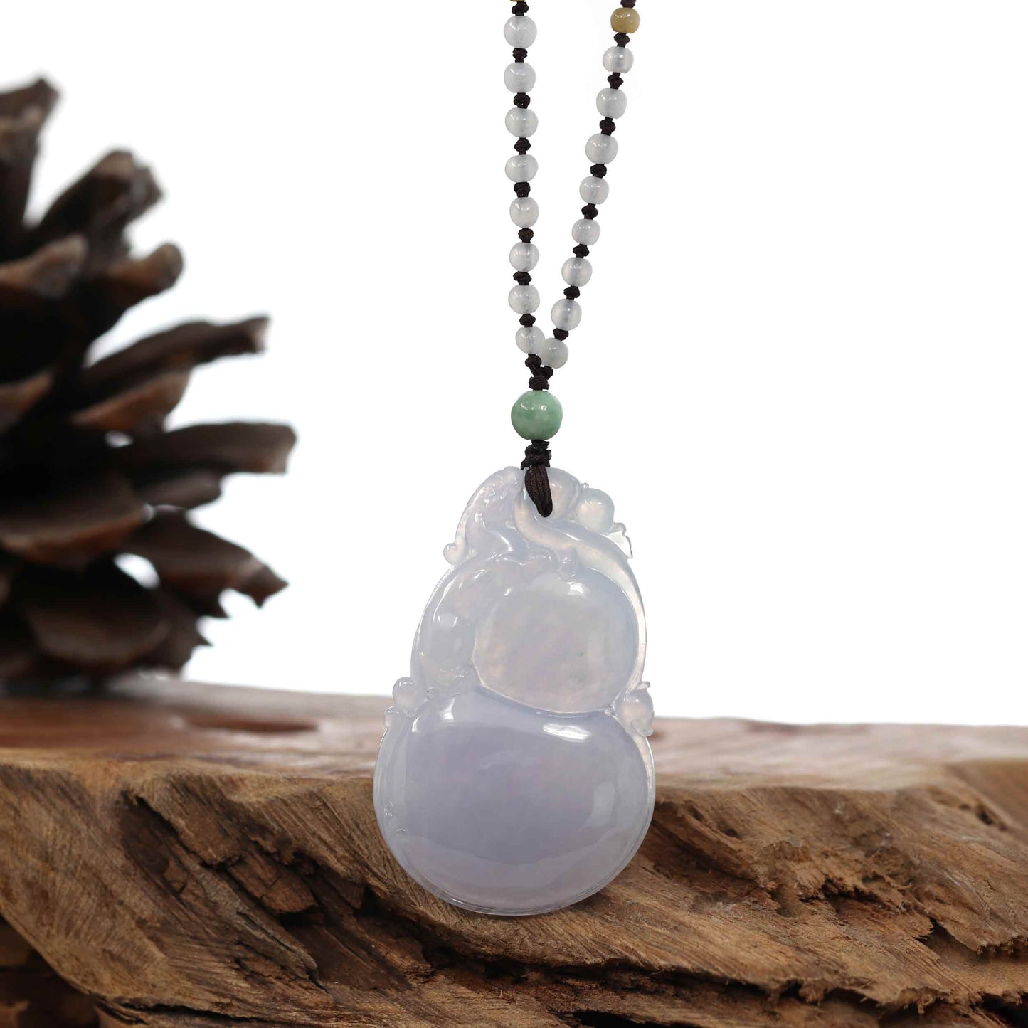 Genuine Ice Light Lavender Jadeite Jade "Good Luck HuLu with Dragon Accent" Pendant Necklace With Real Jadeite Beads Necklace