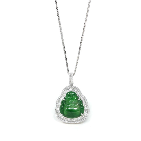 RealJade¨ Co. 18k Gold Jadeite Necklace 18K White Gold High-End Imperial Jadeite Jade Buddha Necklace with Diamonds