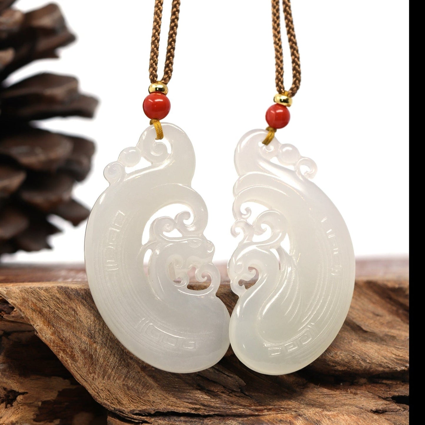 RealJade Co.® "Classic Dragon & Phoenix" Genuine HeTian White Nephrite Jade LongFeng Pendant Necklace
