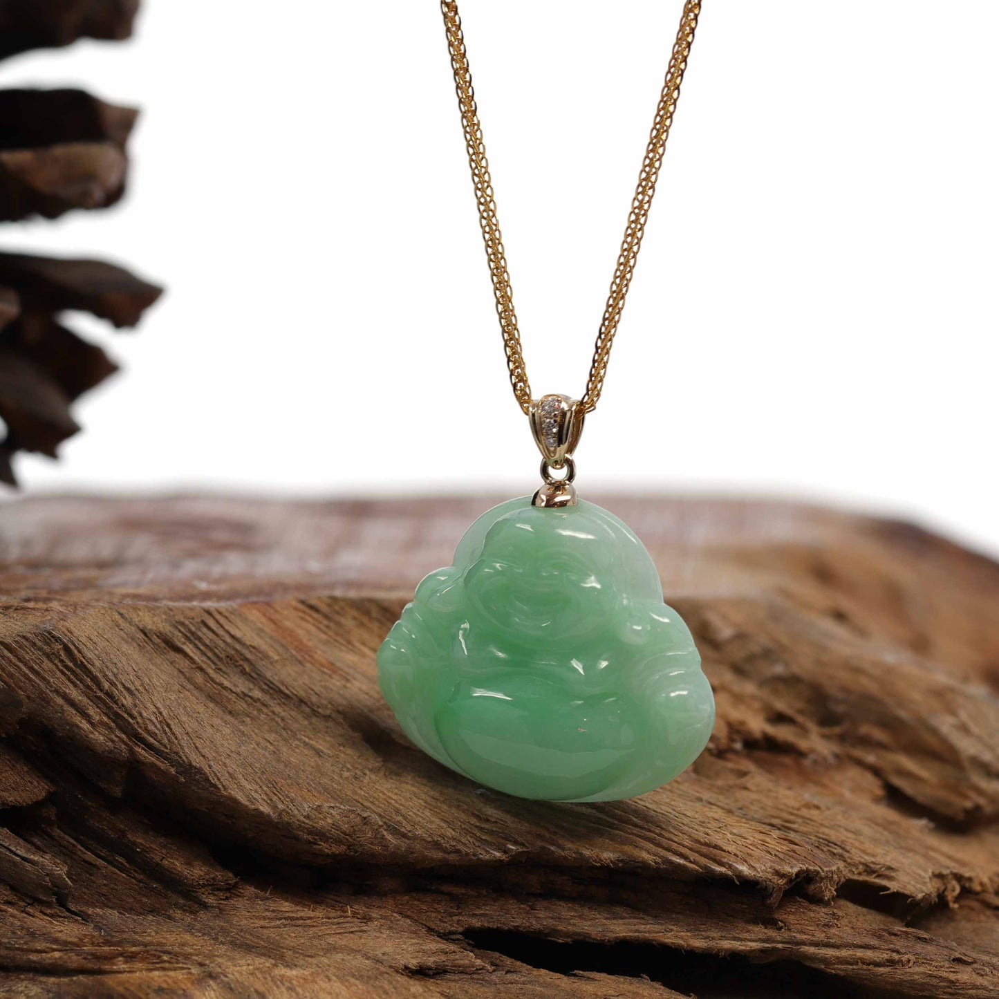 Load image into Gallery viewer, RealJade¨ Co. &amp;quot;Laughing Buddha&amp;quot; Genuine Vibrant Green Jadeite Buddha Pendant Necklace With 14k Yellow Gold Diamond  Bail
