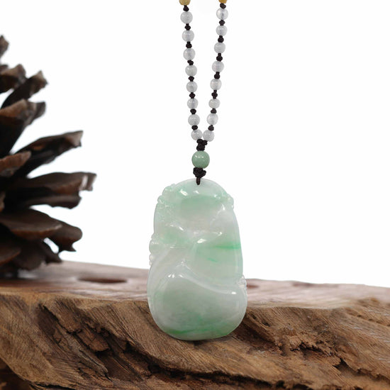 Genuine Green Jadeite Jade "Good Luck HuLu with Dragon" Pendant Necklace With Real Jadeite Bead Necklace
