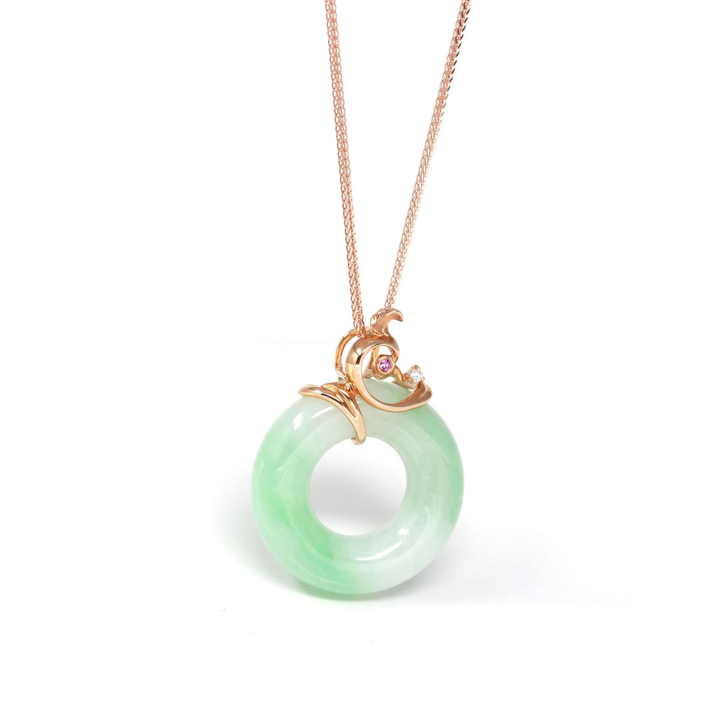 Load image into Gallery viewer, RealJade™ &amp;quot;Good Luck Birdie&amp;quot; 18k Rose Gold Genuine Burmese Jadeite Lucky Pendant Necklace With AA Ruby &amp;amp; Diamond
