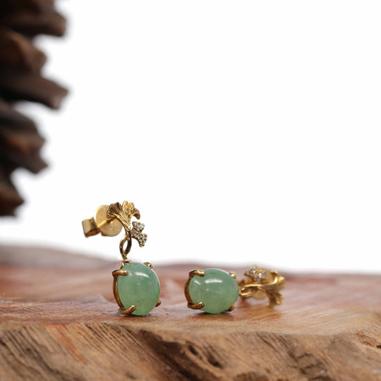 18K Rose Gold "Apricot Blossom" Green Jadeite Jade Dangle Stud Earrings