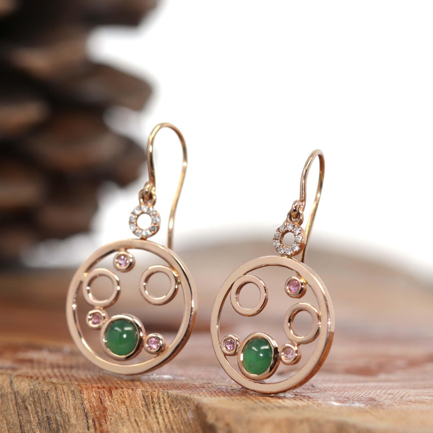 18k Rose Gold "Bubble Collection" Multi-color genuine Jadeite Jade Earrings & Diamond