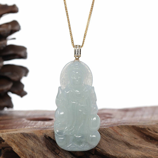 RealJade Co.® 14k Yellow Gold "Goddess of Compassion" Genuine Ice Burmese Jadeite Jade Guanyin Necklace With Gold Bail