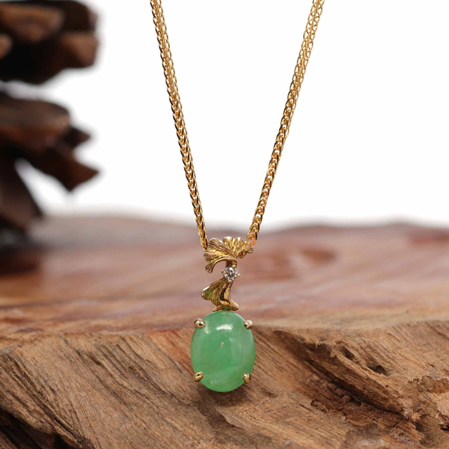 18K Yellow Gold "Apricot Flower" Oval Apple Green Jadeite Jade Cabochon Necklace with Diamonds