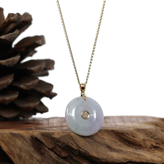 Load image into Gallery viewer, RealJade Co.¨ Gold Jadeite Jade Pendant Necklace Copy of &amp;quot;Good Luck Button&amp;quot; Lavender &amp;amp; Green Jadeite Jade Lucky KouKou Pendant With 14K Yellow Gold Bail

