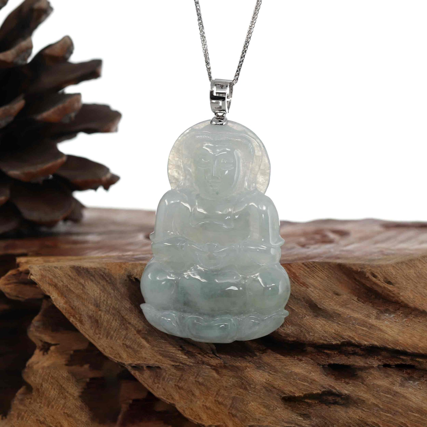 Load image into Gallery viewer, RealJade¨ &amp;quot;Goddess of Compassion&amp;quot; Genuine Burmese Ice Blue Jadeite Jade Guanyin Necklace With Good Luck Design 14K Gold  Bail
