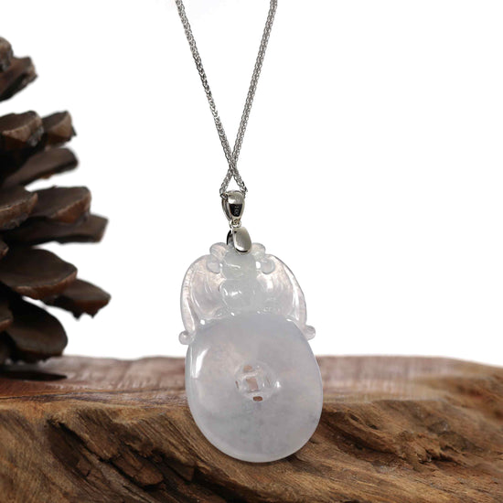 Load image into Gallery viewer, RealJade Co.¨ Jade Guanyin Pendant Necklace Genuine Ice White Jadeite Jade Fu Zai Yan Qian Pendant Necklace With 14K White Gold Bail
