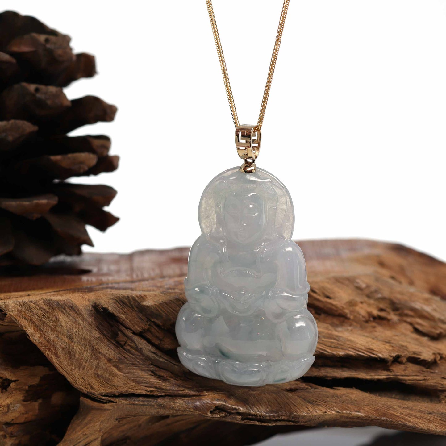 RealJade¨ 14k Yellow Gold "Goddess of Compassion" Genuine Burmese Jadeite Jade Guanyin Necklace With Good Luck Design