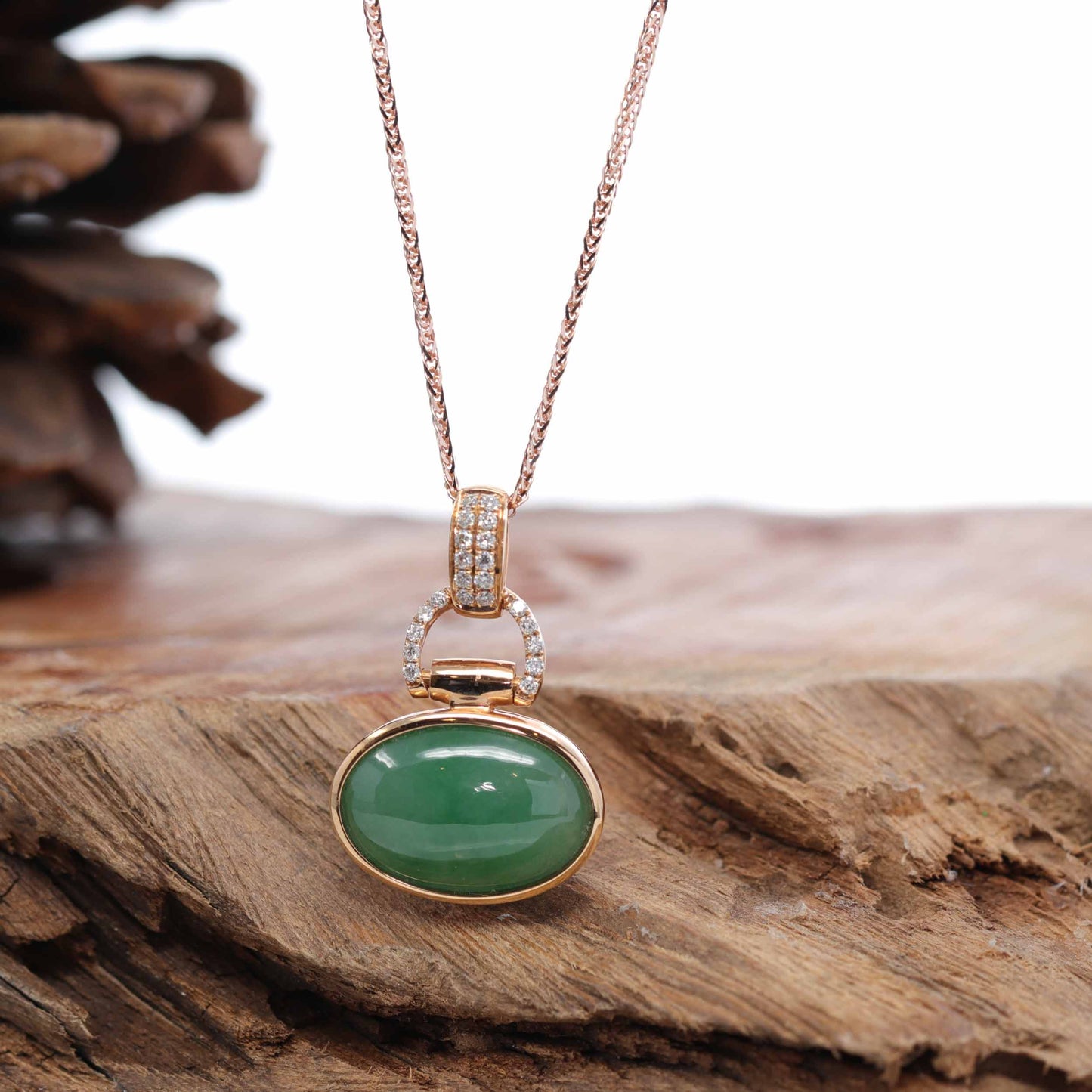 18K Rose Gold Oval Imperial Jadeite Jade Cabochon Necklace with Diamonds