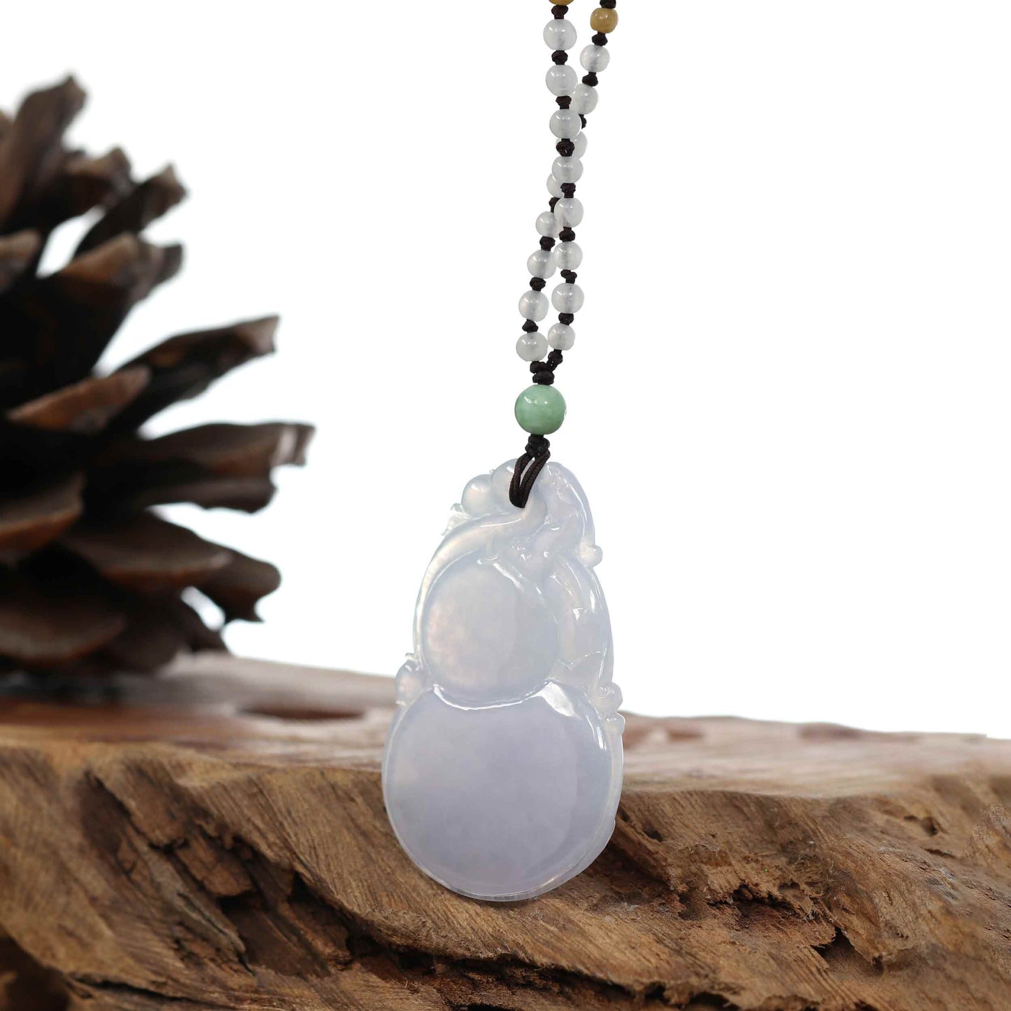 Genuine Ice Light Lavender Jadeite Jade "Good Luck HuLu with Dragon Accent" Pendant Necklace With Real Jadeite Beads Necklace