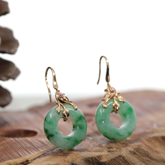 18k Rose Gold "Good Luck Birdie" genuine Green Jadeite Jade Earrings & Diamond