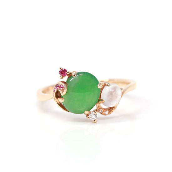 RealJade® "Karla" 18k Rose Gold Natural Imperial Jadeite Engagement Ring With Rubies & Diamonds