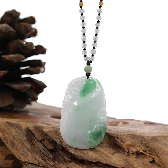 Load image into Gallery viewer, Genuine Green Jadeite Jade &amp;quot;Longevity peach with lucky Pixiu Accent&amp;quot; Pendant Necklace With Real Jadeite Bead Necklace
