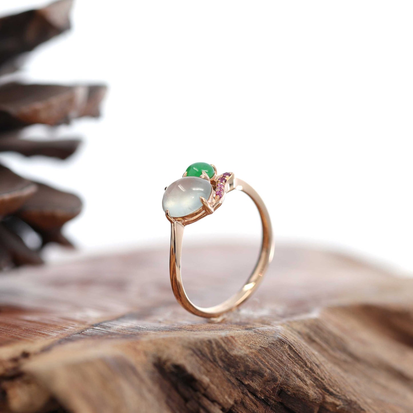 Load image into Gallery viewer, RealJade Co.® &amp;quot;Elora&amp;quot; 18k Rose Gold Natural Ice &amp;amp; Imperial Jadeite Engagement Ring With Rubies &amp;amp; Diamonds-RealJade Co.® Happy Valley Oregon
