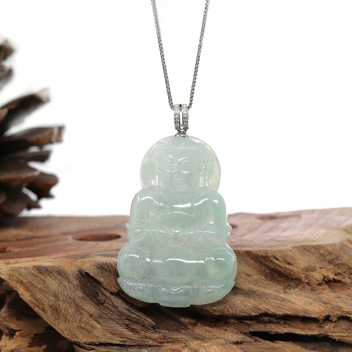 Load image into Gallery viewer, RealJade¨ 14k &amp;quot;Goddess of Compassion&amp;quot; Genuine Burmese Jadeite Jade Guanyin Pendant With VS1 Diamond Bail
