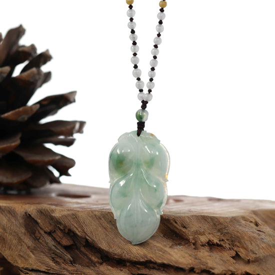 Load image into Gallery viewer, Genuine Ice Blue-Green Jadeite Jade &amp;quot;Good Fortune Leaf&amp;quot; Pendant Necklace With Real Jadeite Bead Necklace
