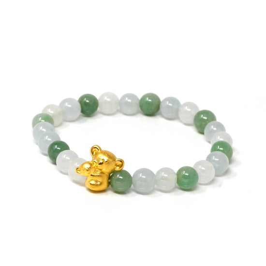 Genuine High-quality Jade Jadeite Bracelet Bangle with 24k Yellow Gold Koala Bear Charm #402