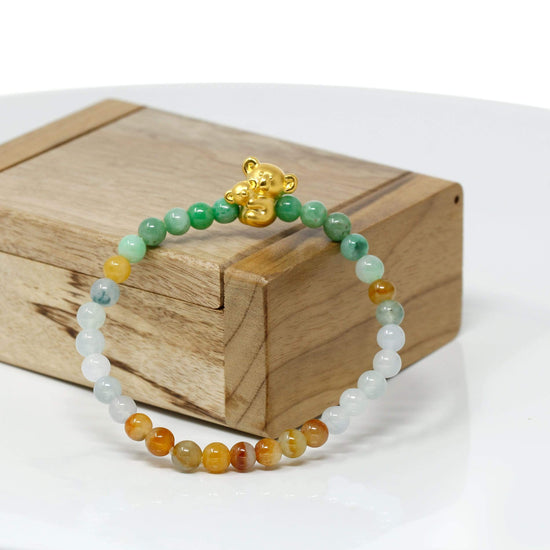 Load image into Gallery viewer, Genuine High-quality Jade Jadeite Colorful Bracelet Bangle with 24k Yellow Gold Koala Bear Charm#401
