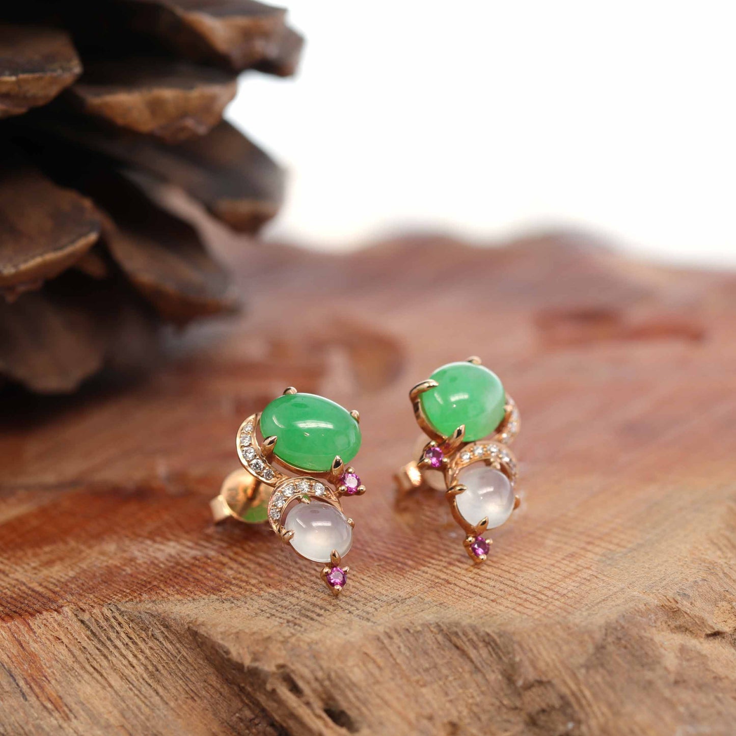 18K Rose Gold Multi Color Jadeite Jade Stud Earrings