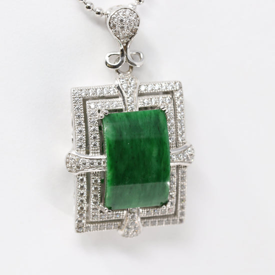 RealJade™ "Leah" Sterling Silver Natural Burmese Jadeite Deep Green Necklace with Zircon