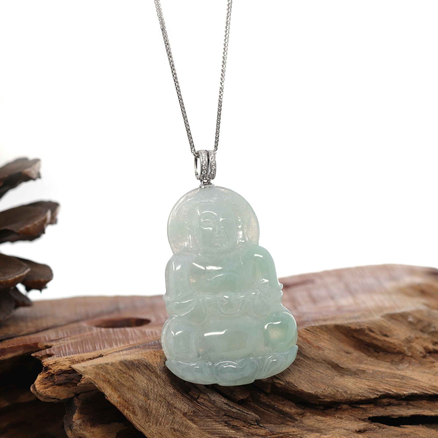 Load image into Gallery viewer, RealJade¨ 14k &amp;quot;Goddess of Compassion&amp;quot; Genuine Burmese Jadeite Jade Guanyin Pendant With VS1 Diamond Bail
