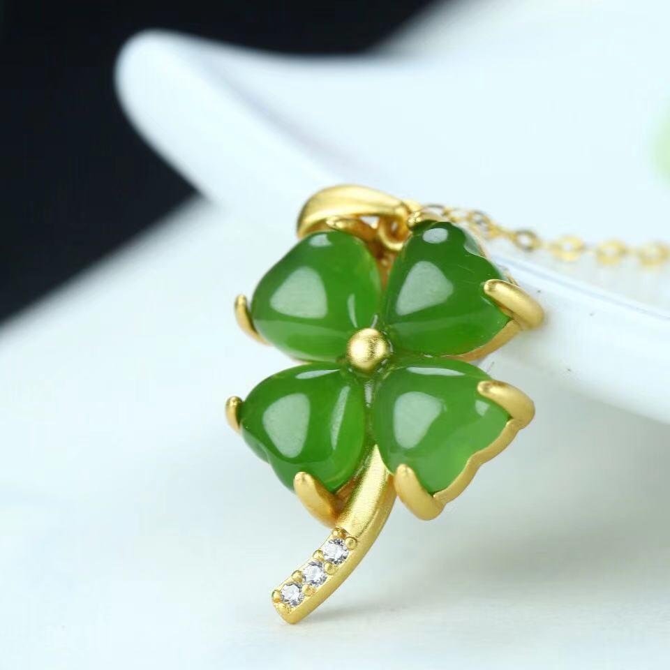 Load image into Gallery viewer, RealJade® Sterling Silver Real Green Nephrite Jade Four Leaf Clover Pendant Necklace
