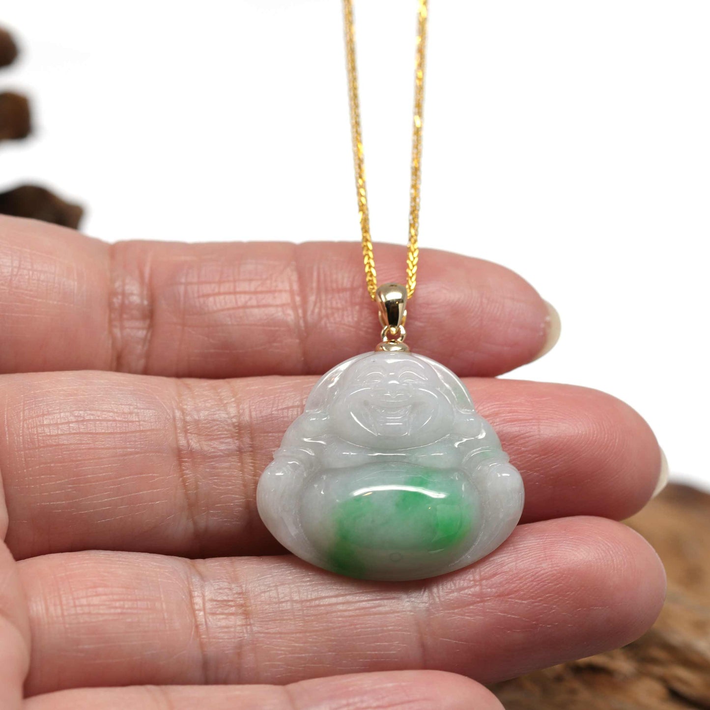 Load image into Gallery viewer, RealJade® &amp;quot;Laughing Buddha&amp;quot; Genuine Green Jadeite Buddha Pendant Necklace With 14k Yellow Gold Bail
