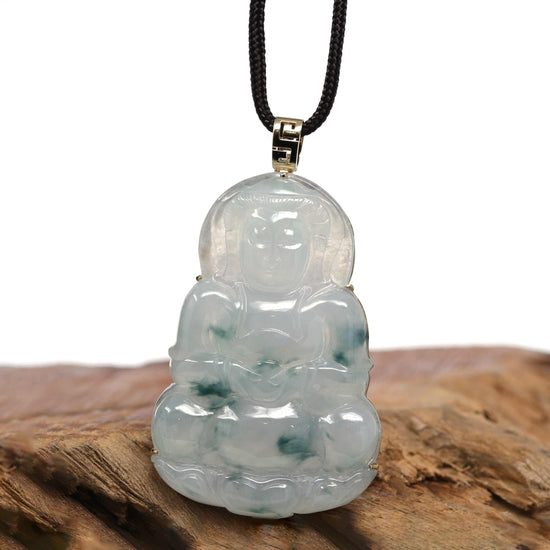 RealJade® 14k "Goddess of Compassion" Genuine Burmese Jadeite Jade Guanyin Necklace With Good Luck Design