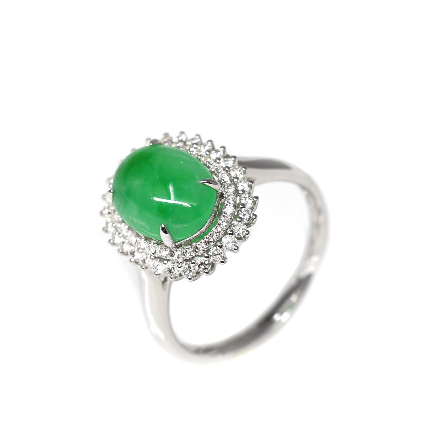 RealJade™ Signature Double Halo 18k White Gold Natural Imperial Green Jadeite Jade Engagement Ring JR23
