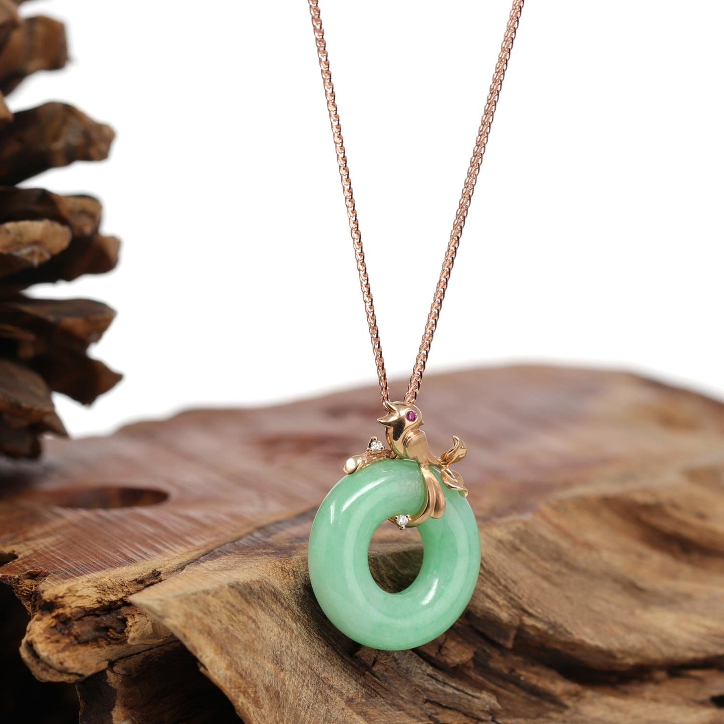 RealJade® "Good Luck Birdie" 18k Rose Gold Genuine Burmese Jadeite Lucky Pendant Necklace With AA Ruby & Diamond, Real Jade Jewelry, Happy Valley, Oregon,
