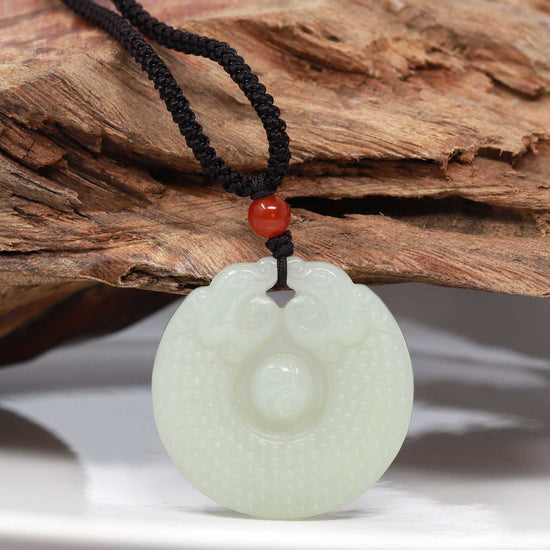 RealJade® " Double Dragon Good Fortune" Carving Pendant Necklace Natural White Nephrite Jade