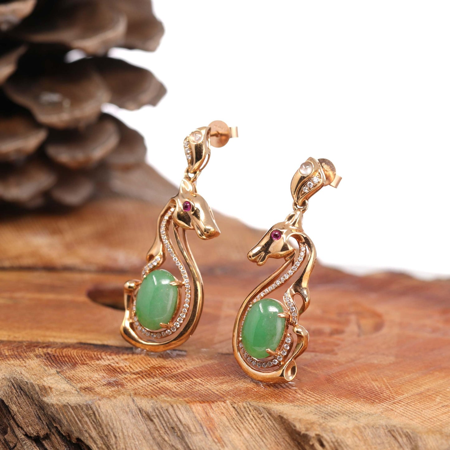 18k Rose Gold Genuine Jadeite Jade Golden Horse Earrings & Diamond